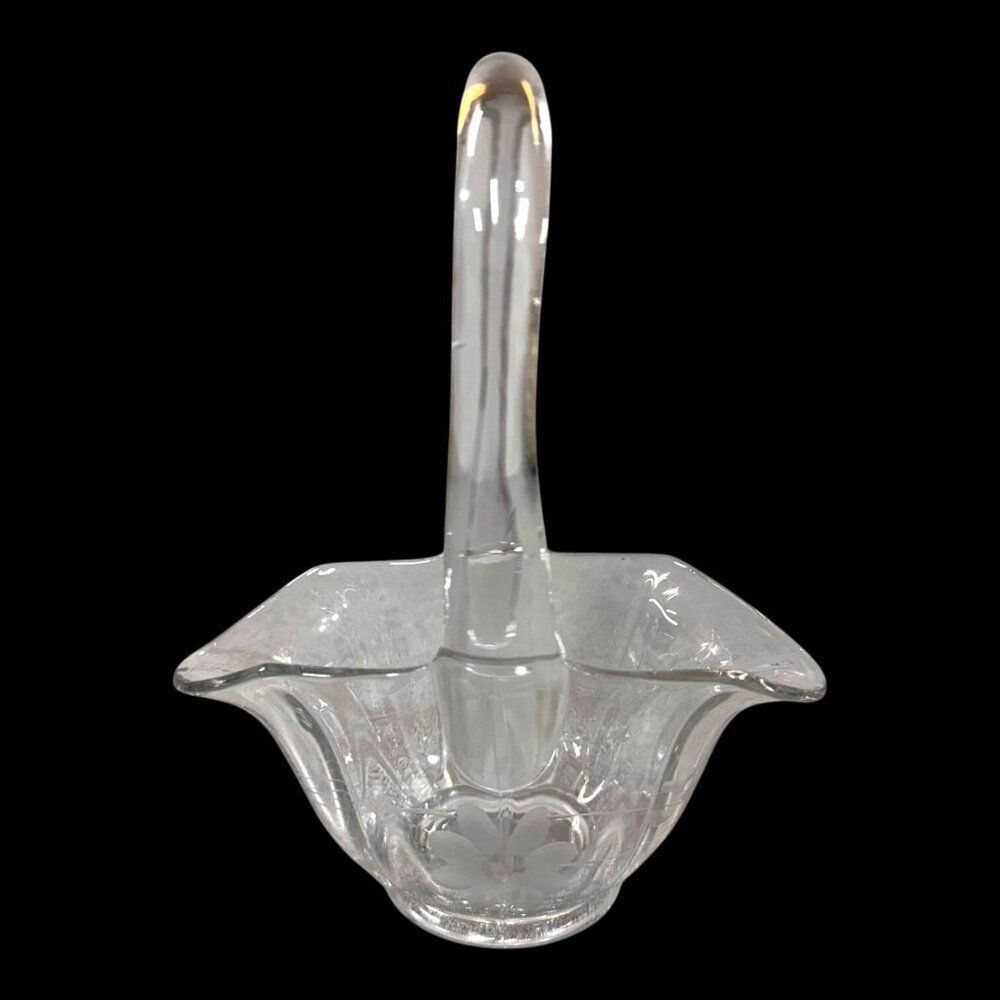 Handcrafted Crystal Glass Basket w/ Handle Candy Dish Jewelry Trinket Catch All